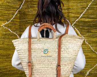 Woven Straw Backpack Basket: Green Doum Bag, Leather Details