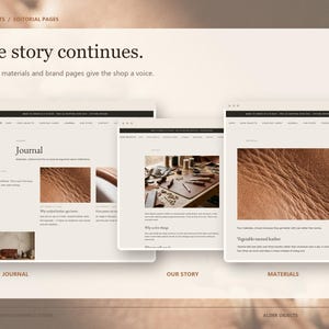 Puede incluir: Una pantalla digital que muestra tres dise&ntilde;os de p&aacute;ginas web para Alder Objects titulados Journal, Our Story y Materials. Las pantallas presentan texto, men&uacute;s de navegaci&oacute;n e im&aacute;genes de cuero marr&oacute;n texturizado y herramientas de cuero sobre un fondo claro.