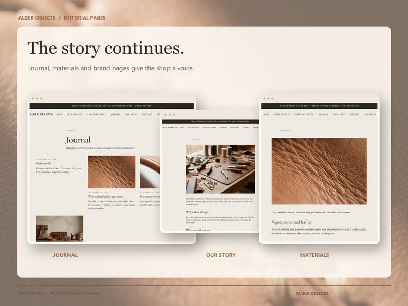 Puede incluir: Una pantalla digital que muestra tres dise&ntilde;os de p&aacute;ginas web para Alder Objects titulados Journal, Our Story y Materials. Las pantallas presentan texto, men&uacute;s de navegaci&oacute;n e im&aacute;genes de cuero marr&oacute;n texturizado y herramientas de cuero sobre un fondo claro.
