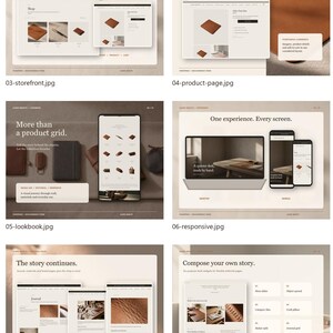 Puede incluir: Una colecci&oacute;n de diez maquetas de dise&ntilde;o de interfaz digital para el tema de WordPress y WooCommerce Alder Objects, con dise&ntilde;os en beige y blanco, tipograf&iacute;a, cuadr&iacute;culas de productos, vistas de pantalla adaptables y opciones de paleta de colores.