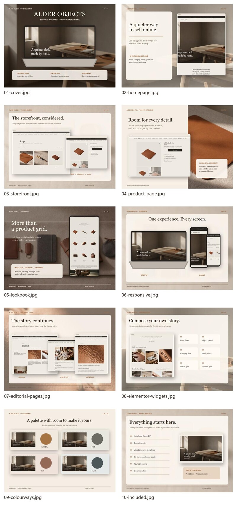 Puede incluir: Una colecci&oacute;n de diez maquetas de dise&ntilde;o de interfaz digital para el tema de WordPress y WooCommerce Alder Objects, con dise&ntilde;os en beige y blanco, tipograf&iacute;a, cuadr&iacute;culas de productos, vistas de pantalla adaptables y opciones de paleta de colores.