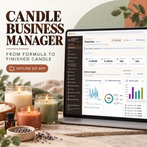 May include: A digital dashboard titled Candle Business Manager displayed on a laptop screen, showing sales data, business insights, and charts. Beside the laptop are three lit candles in glass jars, a small brown bottle, and lavender buds.