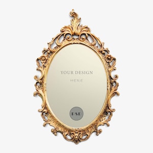 May include: Ornate gold-colored oval mirror with intricate scrollwork and floral accents. The mirror's surface is a light beige color, with the text "YOUR DESIGN HERE" printed on it. A small, circular "PSD" logo is at the bottom.