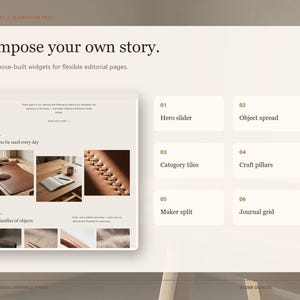 Puede incluir: Una plantilla de dise&ntilde;o de interfaz digital titulada Alder Objects con el texto Compose your own story y Six purpose-built widgets for flexible editorial pages. Muestra un dise&ntilde;o de sitio web con seis secciones numeradas que incluyen Hero slider, Object spread, Category tiles, Craft pillars, Maker split y Journal grid.