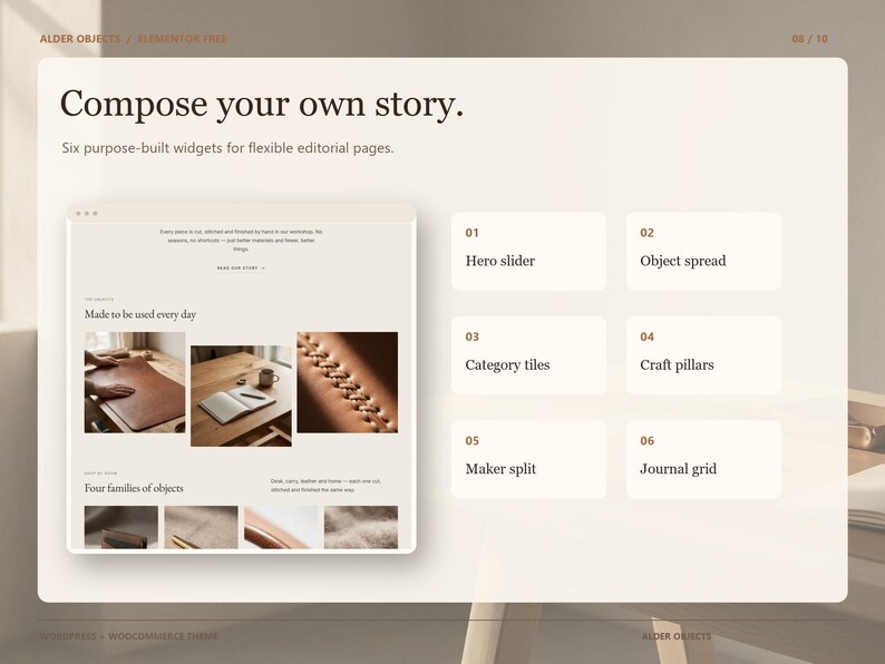 Puede incluir: Una plantilla de dise&ntilde;o de interfaz digital titulada Alder Objects con el texto Compose your own story y Six purpose-built widgets for flexible editorial pages. Muestra un dise&ntilde;o de sitio web con seis secciones numeradas que incluyen Hero slider, Object spread, Category tiles, Craft pillars, Maker split y Journal grid.