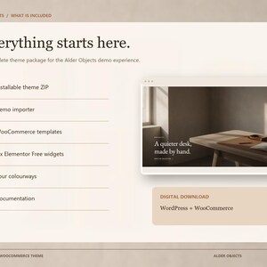 Puede incluir: Una p&aacute;gina de informaci&oacute;n de producto digital titulada Everything starts here, que enumera seis componentes, incluyendo un archivo ZIP de tema instalable, importador de demostraci&oacute;n, plantillas de WooCommerce, widgets de Elementor, cuatro colores y documentaci&oacute;n.