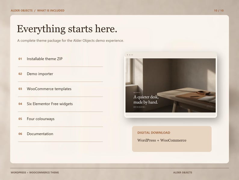 Puede incluir: Una p&aacute;gina de informaci&oacute;n de producto digital titulada Everything starts here, que enumera seis componentes, incluyendo un archivo ZIP de tema instalable, importador de demostraci&oacute;n, plantillas de WooCommerce, widgets de Elementor, cuatro colores y documentaci&oacute;n.