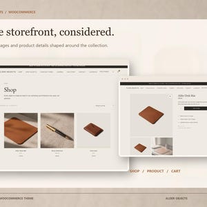 Puede incluir: Una interfaz digital que muestra el dise&ntilde;o de un sitio web para Alder Objects con una p&aacute;gina de tienda que presenta alfombrillas de escritorio de cuero, un bol&iacute;grafo y un tarjetero, junto a una p&aacute;gina de producto con precio y opciones.