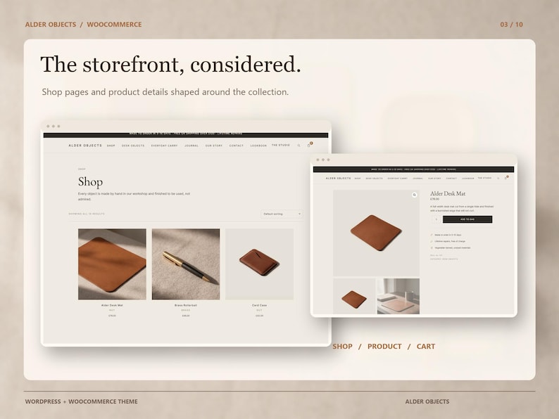 Puede incluir: Una interfaz digital que muestra el dise&ntilde;o de un sitio web para Alder Objects con una p&aacute;gina de tienda que presenta alfombrillas de escritorio de cuero, un bol&iacute;grafo y un tarjetero, junto a una p&aacute;gina de producto con precio y opciones.