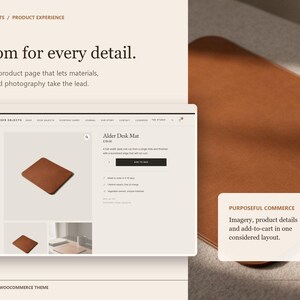 Puede incluir: Una interfaz digital que muestra una p&aacute;gina de producto de un Alder Desk Mat con una alfombrilla de escritorio rectangular marr&oacute;n, un t&iacute;tulo, un precio de 78,00 &pound;, un bot&oacute;n de a&ntilde;adir a la bolsa y una descripci&oacute;n sobre el cuero de una pieza.