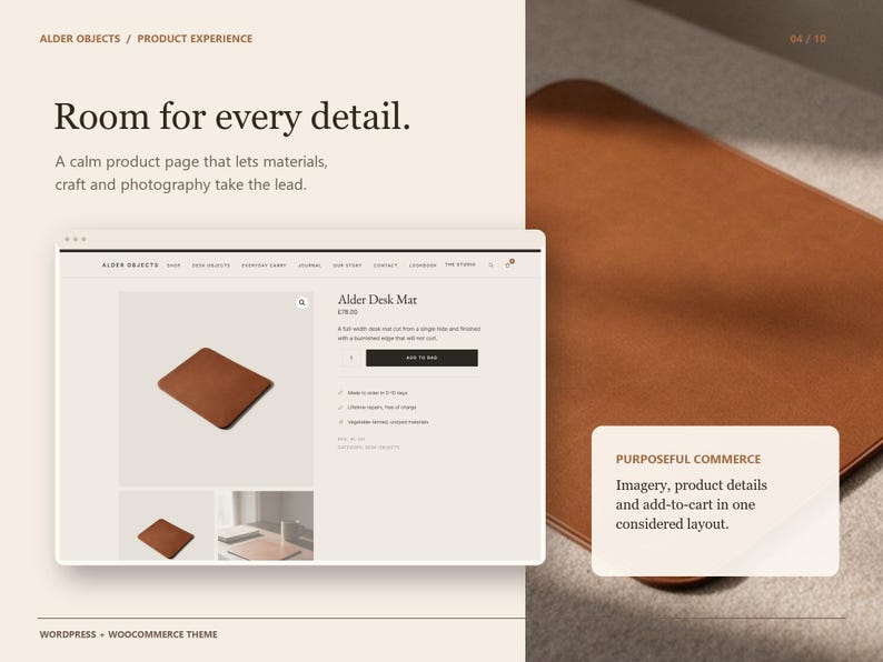 Puede incluir: Una interfaz digital que muestra una p&aacute;gina de producto de un Alder Desk Mat con una alfombrilla de escritorio rectangular marr&oacute;n, un t&iacute;tulo, un precio de 78,00 &pound;, un bot&oacute;n de a&ntilde;adir a la bolsa y una descripci&oacute;n sobre el cuero de una pieza.