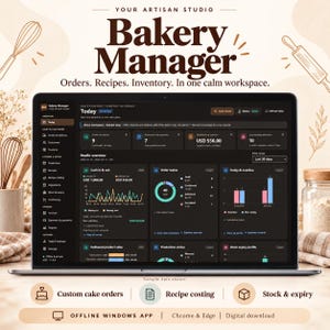 Könnte beinhalten: Ein Laptop-Bildschirm zeigt das Dashboard der Bakery-Manager-Software im Dark Mode mit Analysen, Bestellstatus und Bestandsdaten. Der Text umfasst 'Your Artisan Studio', 'Bakery Manager', 'Orders. Recipes. Inventory. In one calm workspace.' und 'OFFLINE WINDOWS APP'.