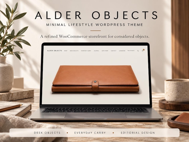 Puede incluir: Una pantalla de port&aacute;til que muestra un sitio web titulado ALDER OBJECTS, con una cartera de cuero color canela con cierre de broche. La navegaci&oacute;n del sitio incluye enlaces para shop, desk objects, everyday carry, journal, our story, contact y lookbook.