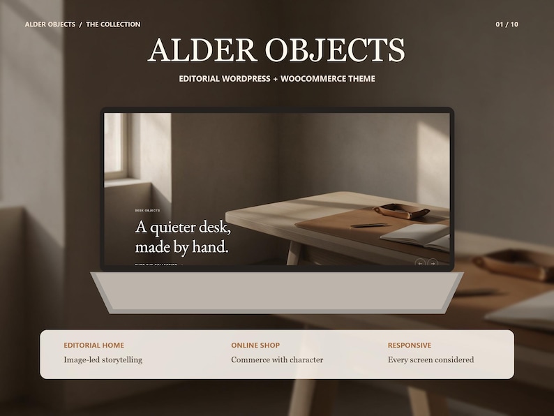 Puede incluir: Una pantalla digital del tema editorial de WordPress y WooCommerce Alder Objects. La pantalla muestra una escena de escritorio con el texto A quieter desk, made by hand. Debajo, un men&uacute; enumera Editorial Home, Online Shop y Responsive.