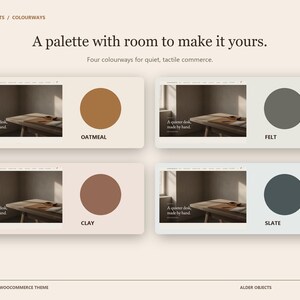 Puede incluir: Una presentaci&oacute;n digital titulada Alder Objects / Colourways con cuatro muestras de color llamadas Oatmeal, Felt, Clay y Slate. Cada muestra se combina con una imagen en miniatura de un escritorio y el texto A quieter desk, made by hand.