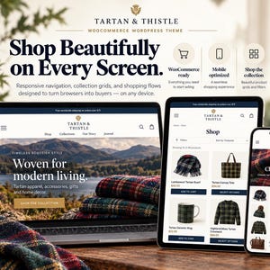 May include: A laptop, tablet, and smartphone displaying the Tartan & Thistle WooCommerce WordPress theme. The screens show a website with a Scottish landscape header, product grids, and navigation menus for an online store selling tartan goods.