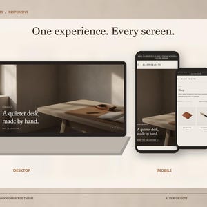 Puede incluir: Una pantalla digital que muestra un dise&ntilde;o web adaptable en un port&aacute;til, un tel&eacute;fono inteligente y un dispositivo m&oacute;vil. Las pantallas incluyen el texto "One experience. Every screen." y "A quieter desk, made by hand." con im&aacute;genes.