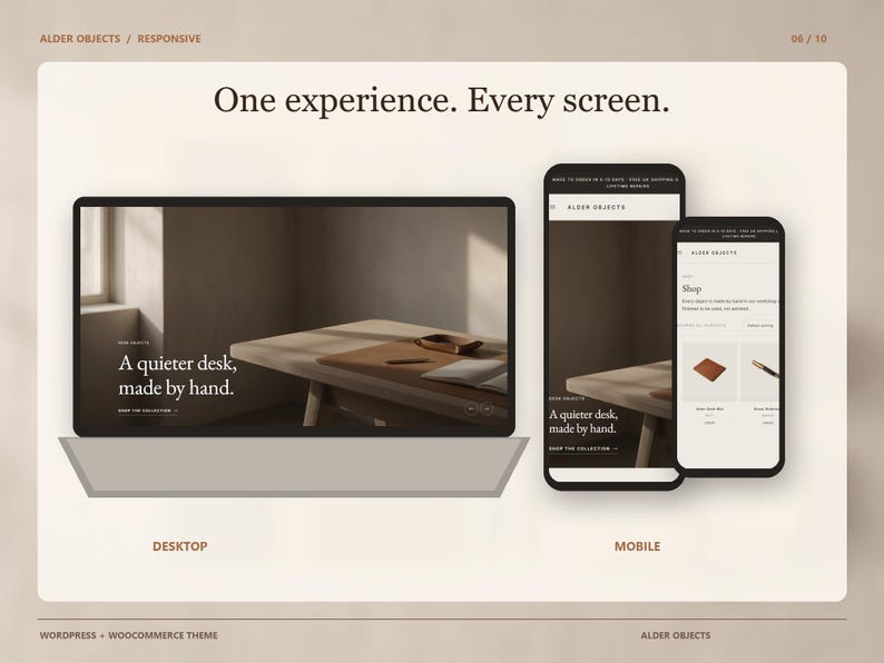 Puede incluir: Una pantalla digital que muestra un dise&ntilde;o web adaptable en un port&aacute;til, un tel&eacute;fono inteligente y un dispositivo m&oacute;vil. Las pantallas incluyen el texto "One experience. Every screen." y "A quieter desk, made by hand." con im&aacute;genes.