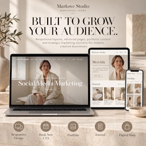 May include: A laptop, tablet, and smartphone displaying the Marlowe Studio WordPress theme. The screens show a website with a neutral colour palette, featuring text that reads "Built to grow your audience" and "Social Media Marketing."