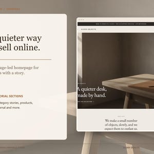 Puede incluir: Una presentaci&oacute;n de dise&ntilde;o de interfaz digital con fondo beige claro y texto marr&oacute;n oscuro. El lado izquierdo muestra el texto A quieter way to sell online, mientras que el derecho muestra una maqueta de sitio web con el texto A quieter desk, made by hand.