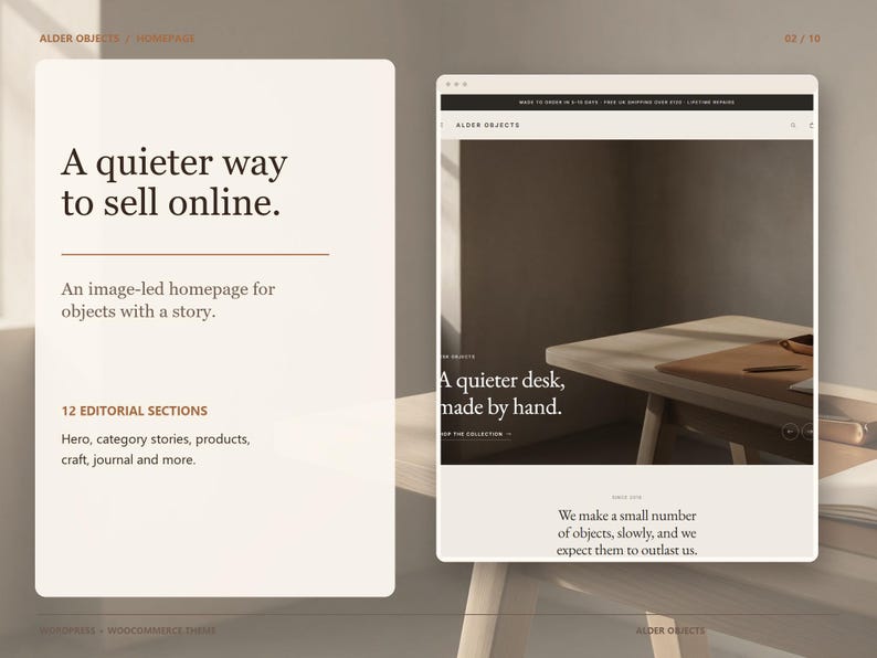 Puede incluir: Una presentaci&oacute;n de dise&ntilde;o de interfaz digital con fondo beige claro y texto marr&oacute;n oscuro. El lado izquierdo muestra el texto A quieter way to sell online, mientras que el derecho muestra una maqueta de sitio web con el texto A quieter desk, made by hand.