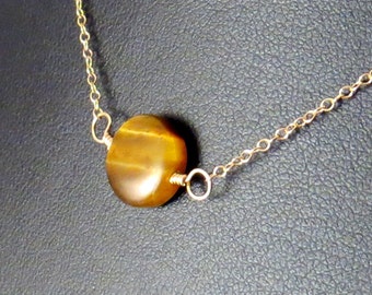 Tigereye Coin Bead Necklace - Tigereye Golden Brown Necklace - Tigereye Necklace - Tiger Eye Necklace - TigerEye Bead On A Gold Filled Chain