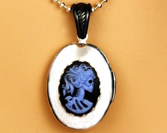 Day Of The Dead Locket - Gothic Memorial Locket Necklace - Lady Bones The Skeleton Goddess - Skull Cameo Locket In Silver, Blue And Black