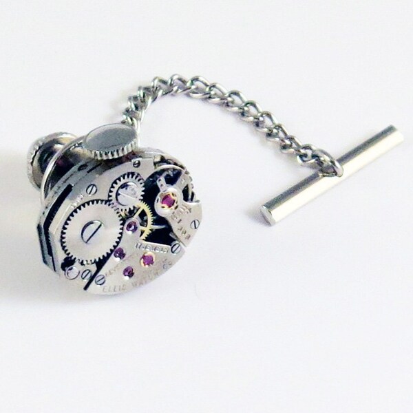 Tie Time - Steampunk Tie Tack With Bar And Chain - Dress Accessories - Vintage Repurposed Watch Movement