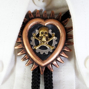 Steampunk Bolo Tie - Spiked Copper Heart Bolo Slide With Gear - Skull And Crossbones - Skull N Cross Bones Rockabilly Country Western Wear
