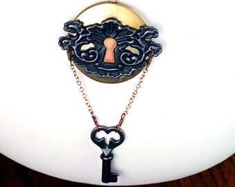 Under Lock And Key Locket - Steampunk Locket Choker Necklace - Featuring Key Hole Escutcheon Plate and Skeleton Key