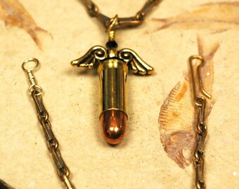 Flying Bullet   ---   Unisex Bullet Necklace with Antique Gold Angel Wings