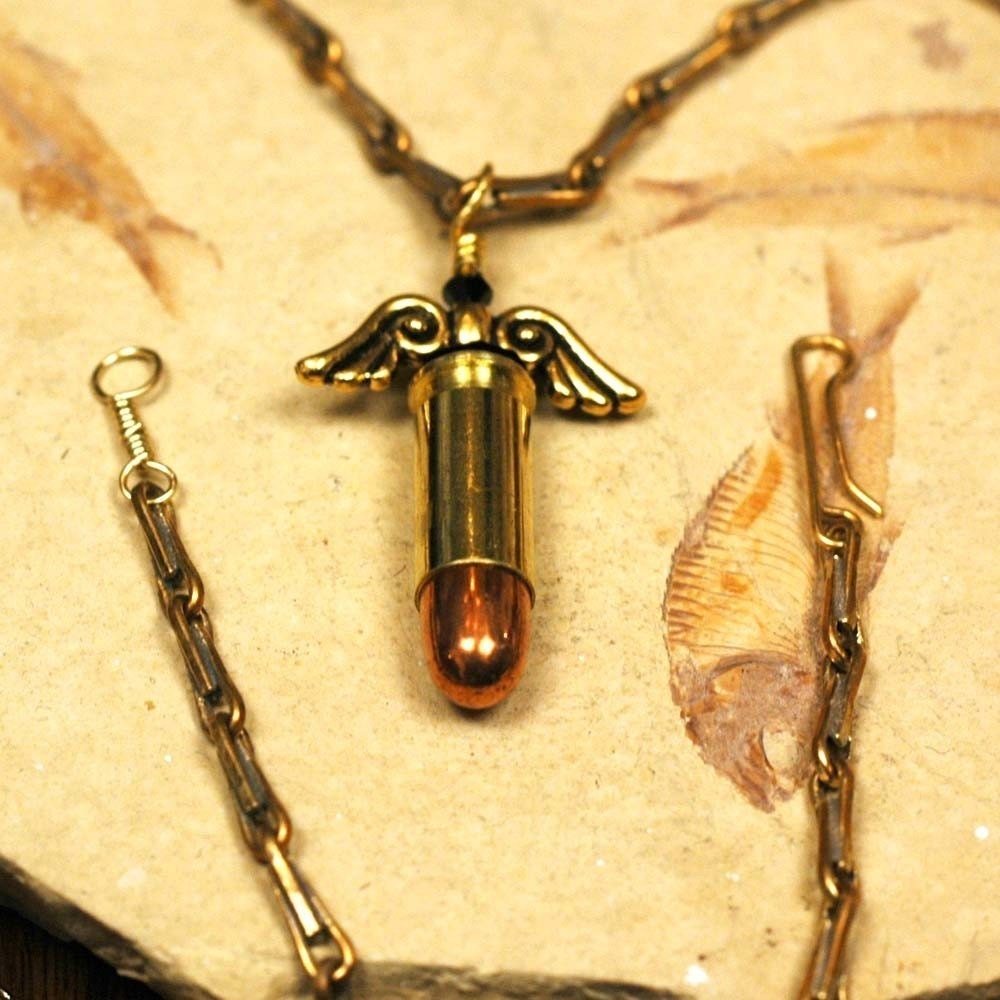 Flying Bullet --- Unisex Bullet Necklace With Antique Gold Angel Wings ...