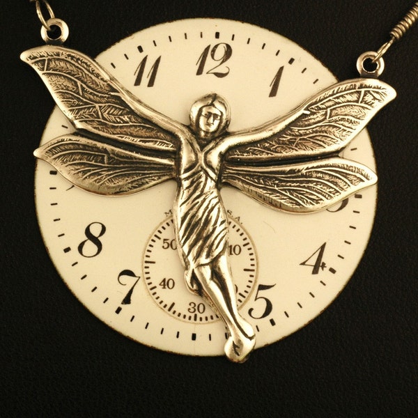 Silver Flying Fairy Necklace - Time Flies - Steampunk Necklace - Vintage Porcelain Watch Face - Dragonfly Necklace - Time Keeper Necklace