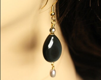 Dark Rainbow   ---   Rainbow Obsidian Earrings With Freshwater Pearls And Crystals - Dangle Earrings