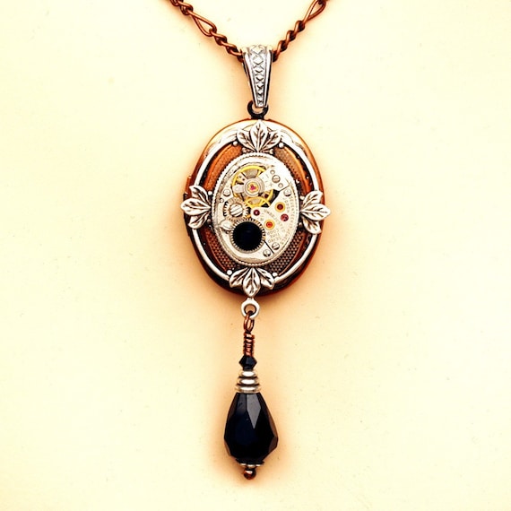 Memory Keeper Copper Locket --- Steampunk Double Sided Repurposed Watch Movement Locket Necklace With Leaves And Crystals