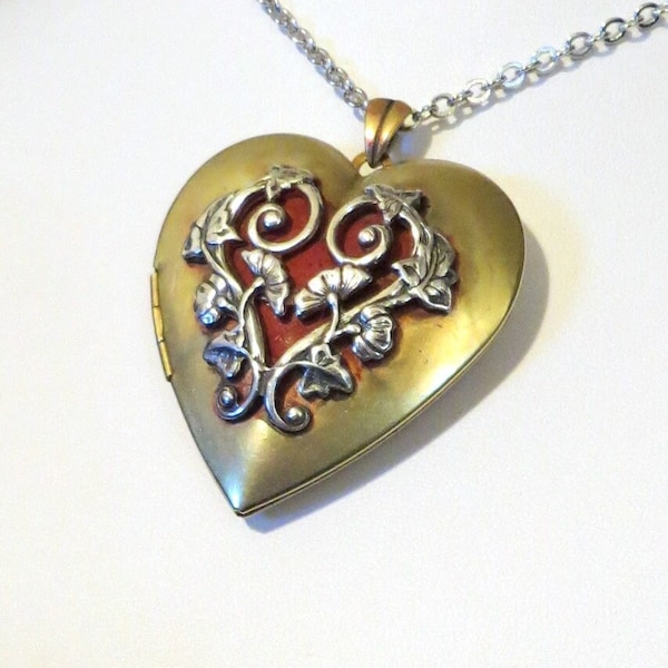 Heart Locket   ---  Large Brass Heart Locket Necklace With Silver Twisted Vines - Heart Necklace - Large Locket - Keepsake Necklace