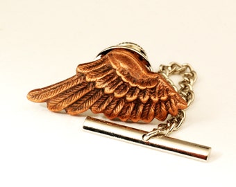 Flight - Feathered Antique Copper Wing Tie Tack With Bar And Chain - Winged Bar And Chain Tie Pin - Incredible Detail - The Flight Series