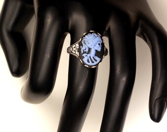 Death Becomes Her - Lady Decay Ring - Day Of The Dead Zombie Goddess - Adjustable Ms. Skeleton Cameo Ring In Black, Blue And Antiqued Silver