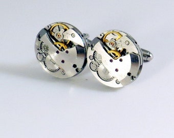 Round Steampunk Cufflinks - Soldered Watch Movement Cufflinks - Steampunk Cuff Links - Round Silver Cufflinks - Vintage Watch Cuff Links