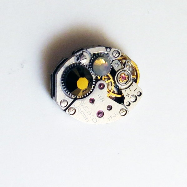 Tie Time - Steampunk Tie Tack - Petite Oval Lapel Pin With Crystals - UNISEX - Complete Vintage Oval Watch Movement Tie Pin With Crystals