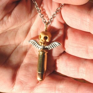 Bullet Totem Necklace Hand Carved Bone Skull, Antiqued Brass Bullet Necklace With Antique Silver Eagle Wings Rocker Necklace image 5