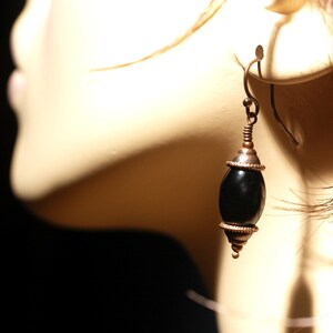 Onyx Lanterns   ---   Black Onyx Barrels with Antiqued Copper Earrings