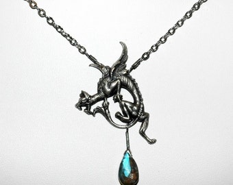 Labradorite Dragon Necklace   ----  Mens Or Womens Unisex Antiqued Silver Dragon Necklace With A  Labradorite Teardrop