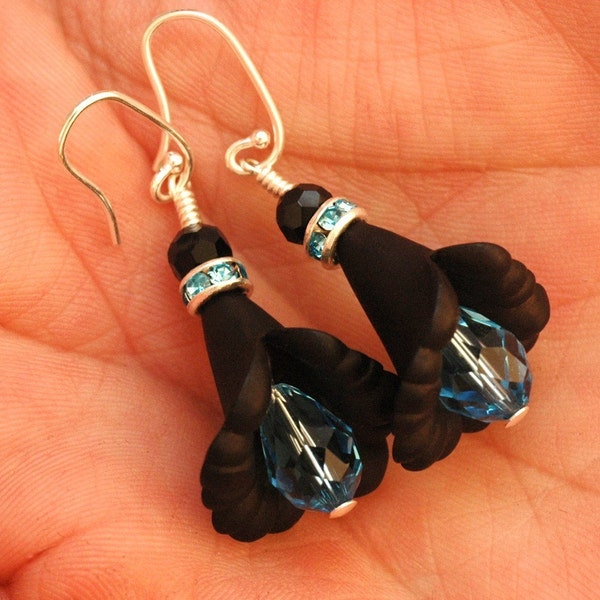 Black And Blue   ---   Flowers   ---   Earrings from My Garden On Sterling Silver Ear Wires