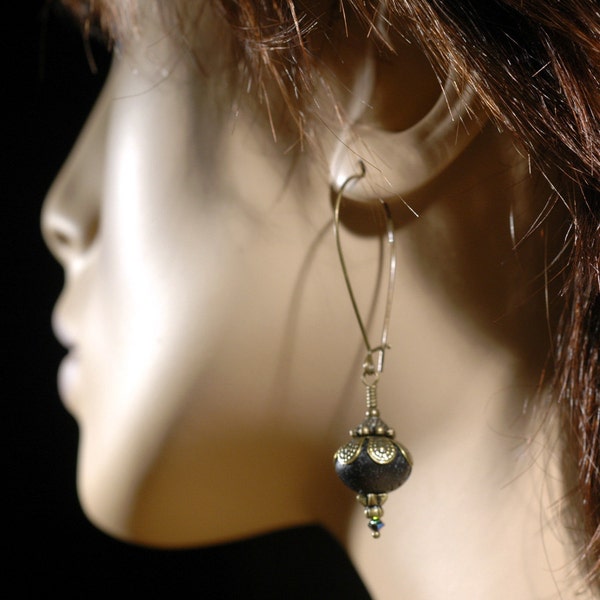 Volcano Lava Earrings - Lava And Antiqued Brass Earrings With Swarovski Crystals - Lava Earrings - Lava Dangle Earrings - Black Earrings
