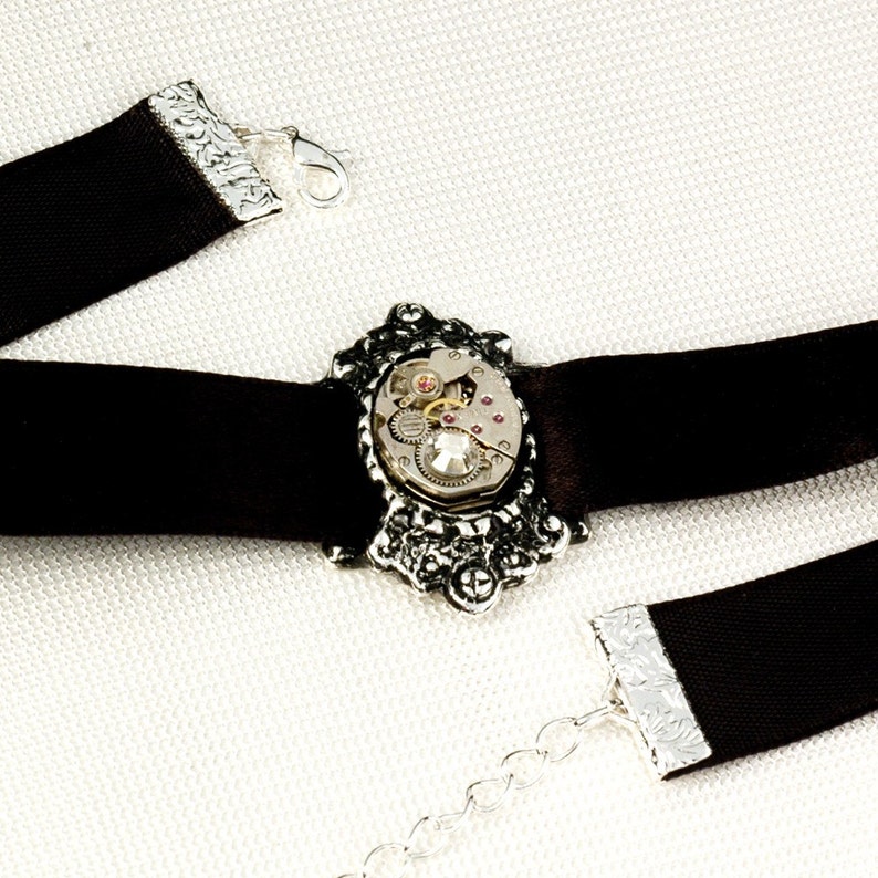 Steampunk Neo Victorian Choker Adjustable Vintage, Repurposed Watch Movement Choker Necklace In Antiqued Silver With A Swarovski Crystal image 2