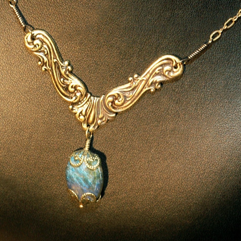 Victorian Labradorite Labradorite Victorian Style Oxidized Brass Necklace image 2