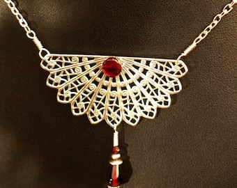 Garnet Filigree  ---  Antiqued Silver Filigree Fan Necklace With Garnet Accents