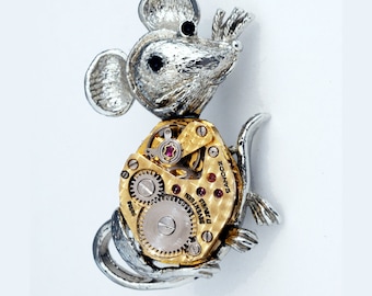 Steampunk Mouse Pin - Rock And Roll Rodent - Disco Mouse - Glam Rock Mouse - Complete Vintage Repurposed Watch Movement Brooch and Lapel Pin