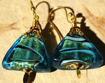 Glass Triangles --- Turquoise Glass Triangle Earrings With Vermeil Ball Ended Ear Wires